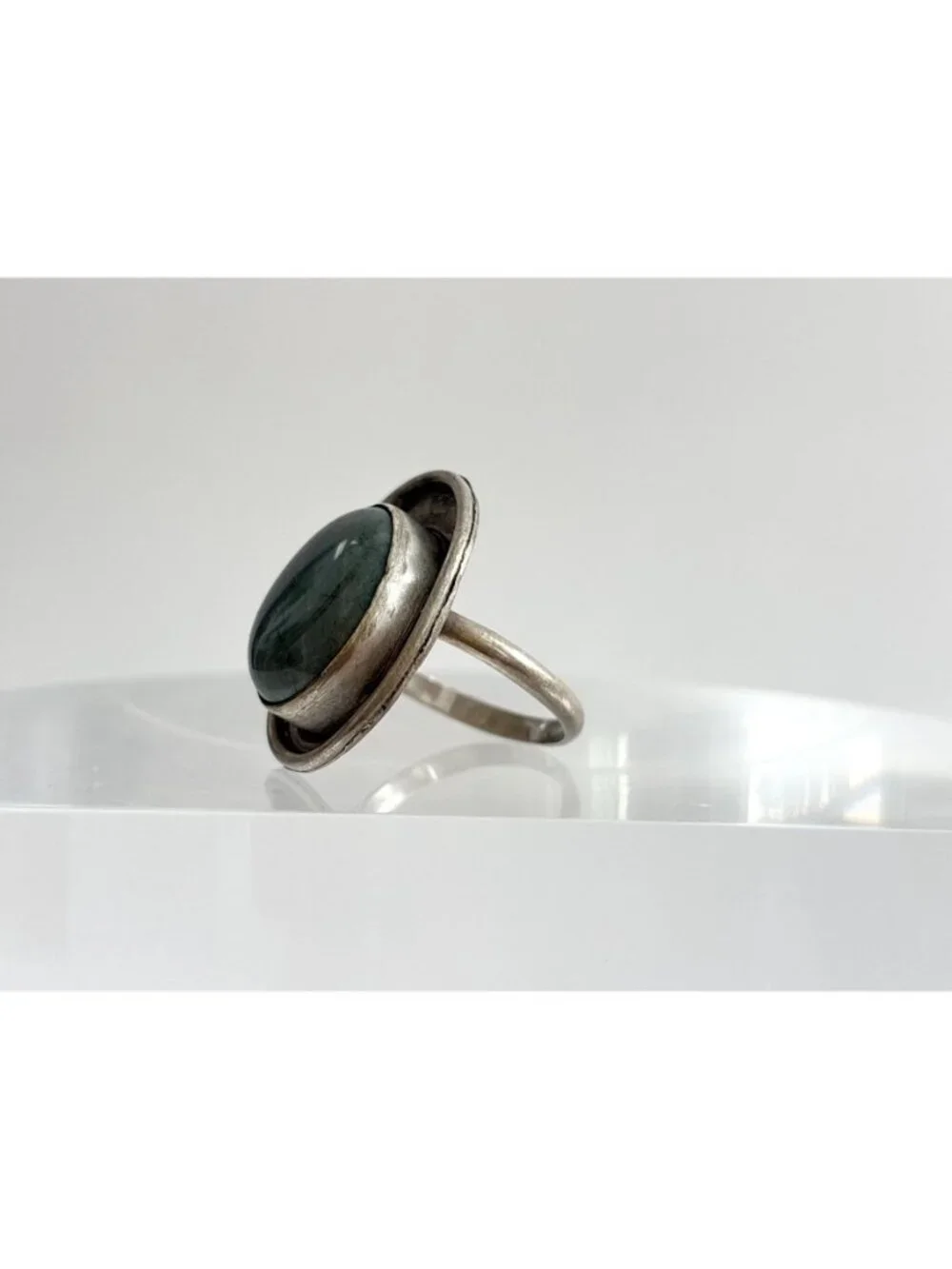 Modernist Freeform Green Agate Gemstone 800 Silver Vintage Ring - sz 9.25